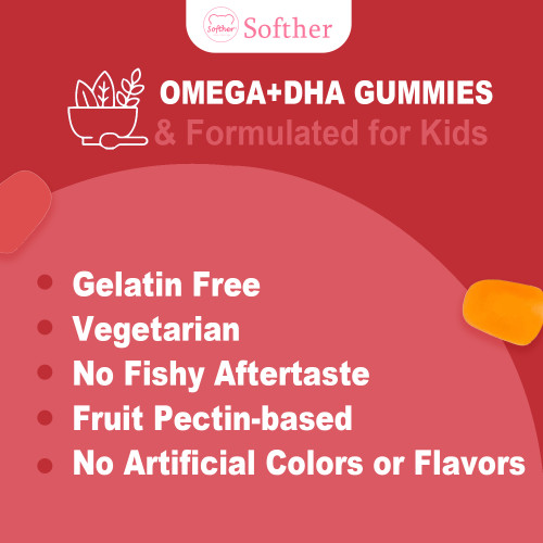 Softher OMEGA + DHA Brain for Kids Gummies Vitamin C Support Healthy Immunity Natural Energy Gummy Rich in Probiotics Vegan Supplement