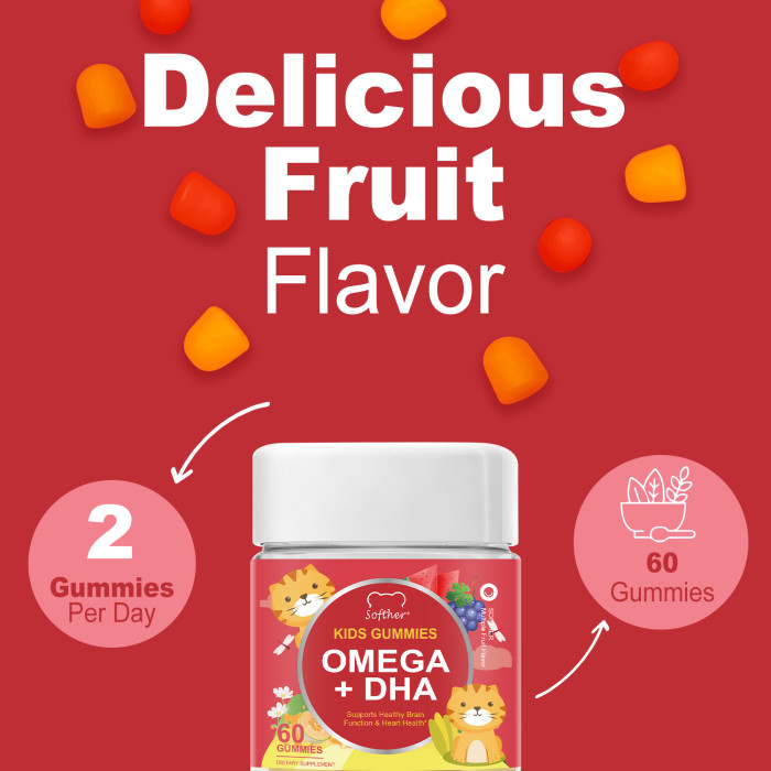 Softher OMEGA + DHA Brain for Kids Gummies Vitamin C Support Healthy Immunity Natural Energy Gummy Rich in Probiotics Vegan Supplement