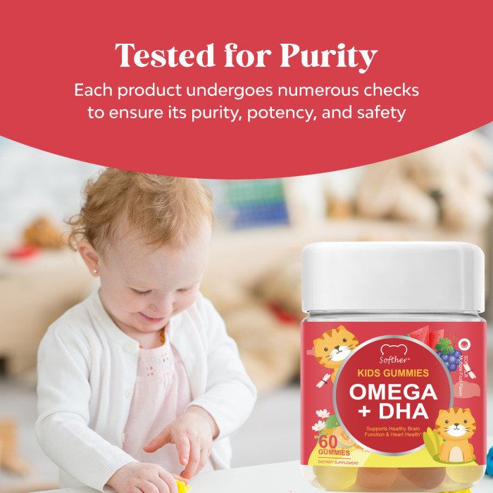 Softher OMEGA + DHA Brain for Kids Gummies Vitamin C Support Healthy Immunity Natural Energy Gummy Rich in Probiotics Vegan Supplement