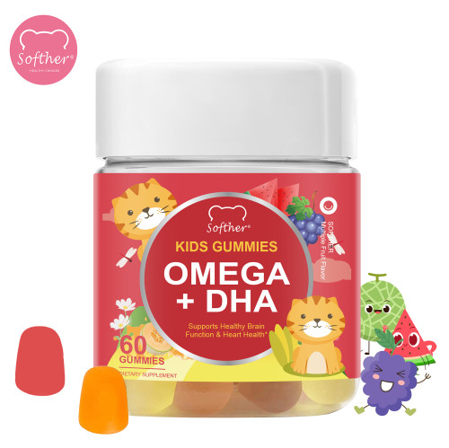 Softher OMEGA + DHA Brain for Kids Gummies Vitamin C Support Healthy Immunity Natural Energy Gummy Rich in Probiotics Vegan Supplement