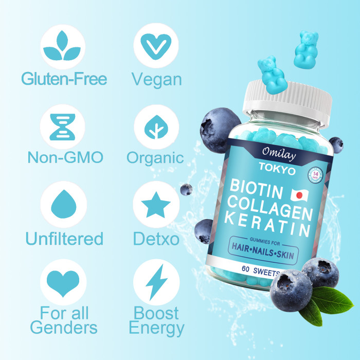 Omilay Kids TOKYO Biotin Collagen Keratin Gummies Anti Hair Loss Vitamin Gummy Biotin Supplement Skin Care Beauty Supplements Gummy