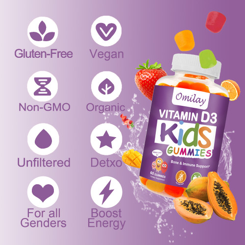 Omilay Kids Gummies Vitamin D3 Gummy Kids Promotes Bone Grown Vegan kids Probiotic Vitamin Immune Health Gummy 60 Gummies