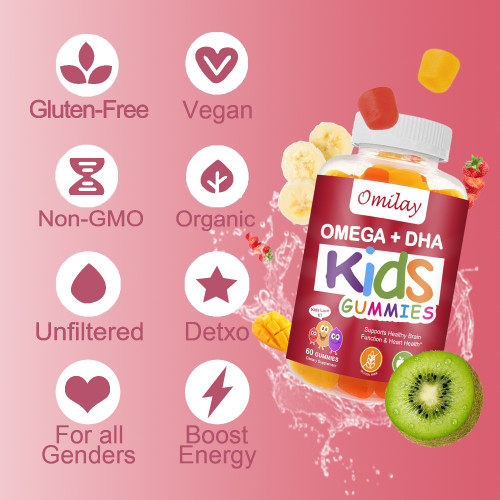 Omilay Kids OMEGA + DHA Brain Kid Gummies Children Gummy Vitamins C Vitamin D Probiotics for Brain Development Boosts Immune 60 Gummies