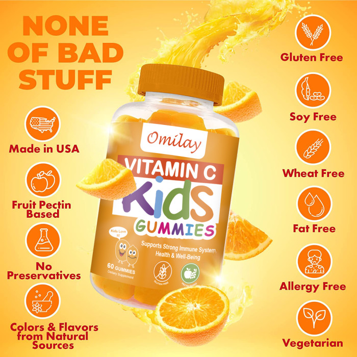 Omilay Kids Vitamin C Gummies Multivitamins Vitamins Gummies for Kids Improve Immunity Natural Vegan Gummy for Babys 60 Gummies