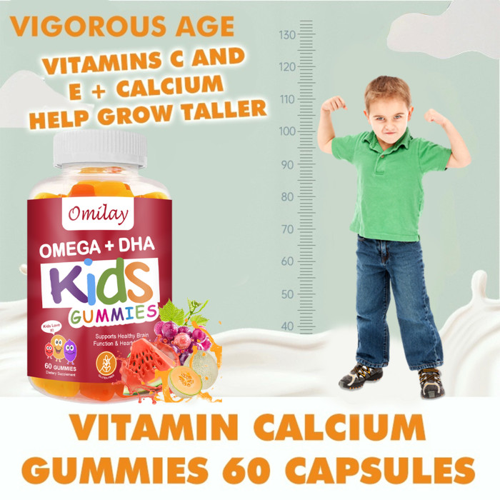 Omilay Kids OMEGA + DHA Brain Kid Gummies Children Gummy Vitamins C Vitamin D Probiotics for Brain Development Boosts Immune 60 Gummies