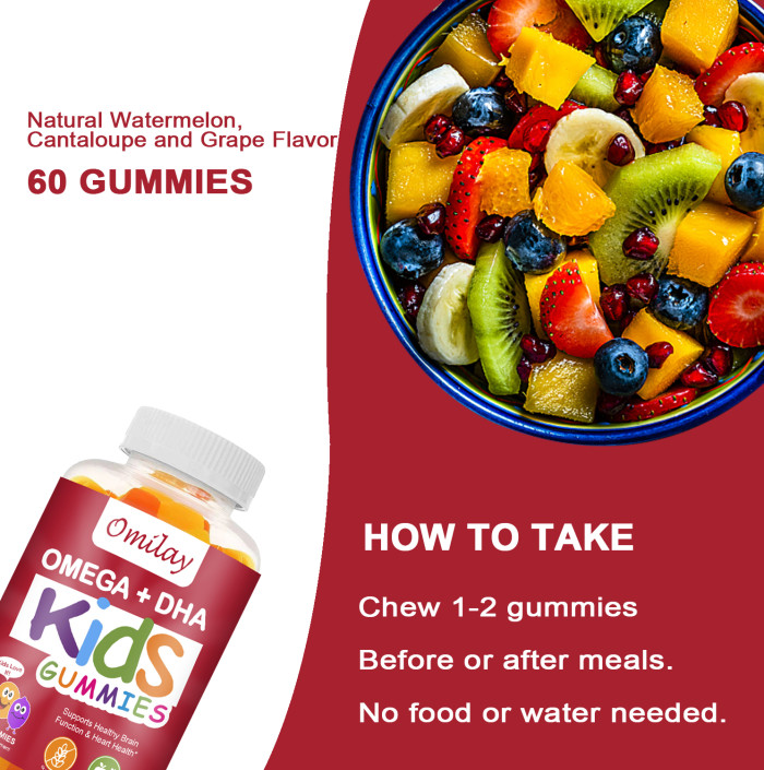 Omilay Kids OMEGA + DHA Brain Kid Gummies Children Gummy Vitamins C Vitamin D Probiotics for Brain Development Boosts Immune 60 Gummies
