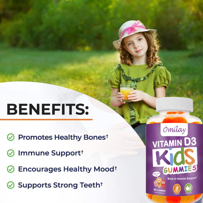 Omilay Kids Gummies Vitamin D3 Gummy Kids Promotes Bone Grown Vegan kids Probiotic Vitamin Immune Health Gummy 60 Gummies