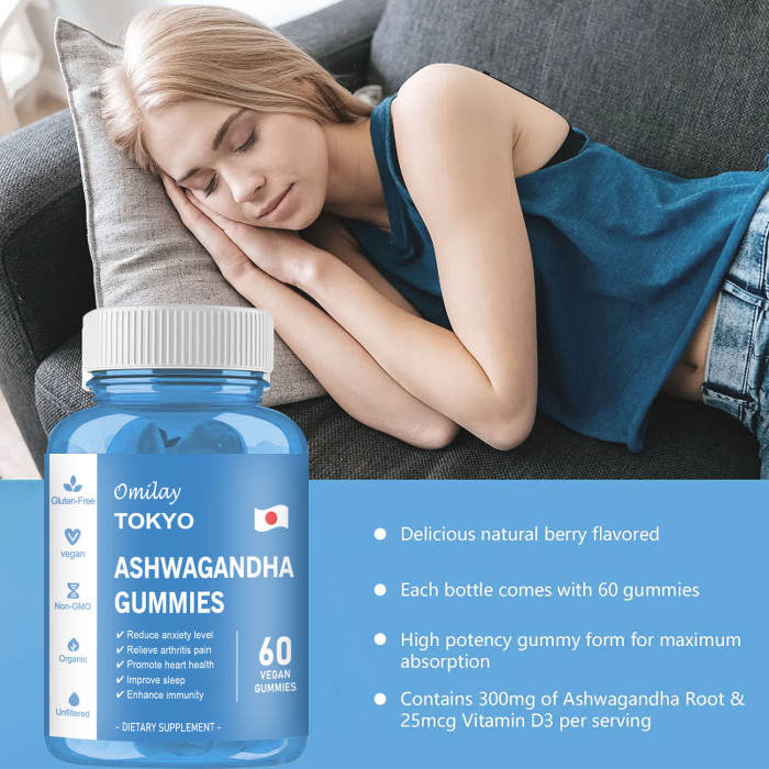 Omilay Kids TOKYO Ashwagandha Gummies Improve Sleep and Mood Relieve Fatigue Stress Anti Anxiety Supplement Vitamin D Gummy