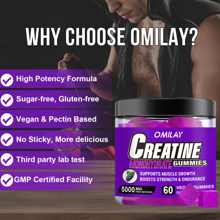 Omilay Kids Creatine Monohydrate Gummies Athlene Creatine Support Muscle Growth Supplement Creatine Gummy Food Men and Women Workout Recovery Fitness Supplement