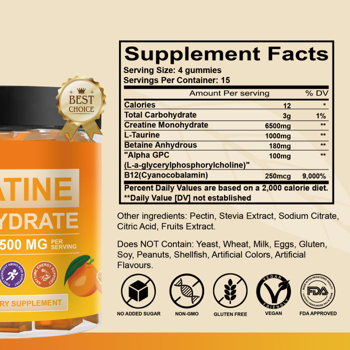 Omilay Kids Creatine Monohydrate Gummies Creatine Supplement Increase Muscle Endurance Elevates Energy Level Creatine Supplements Orange Flavor 60 Gummies