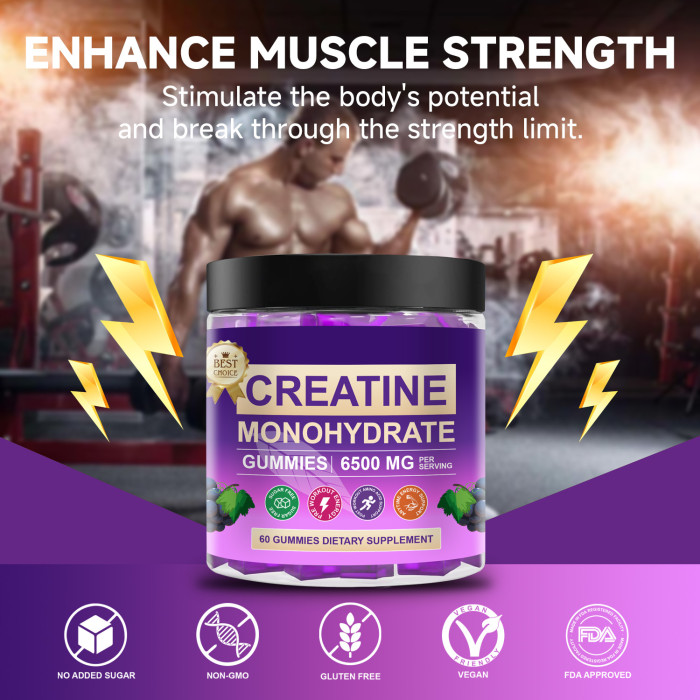Omilay Kids Creatine Monohydrate Gummies 6500 mg for Men Women Muscle Weight Gainer Strength Muscle Builder Energy Boost Pre Workout Supplement 60 Grape Gummies