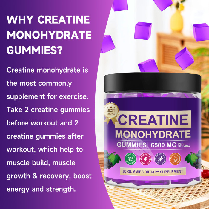 Omilay Kids Creatine Monohydrate Gummies 6500 mg for Men Women Muscle Weight Gainer Strength Muscle Builder Energy Boost Pre Workout Supplement 60 Grape Gummies
