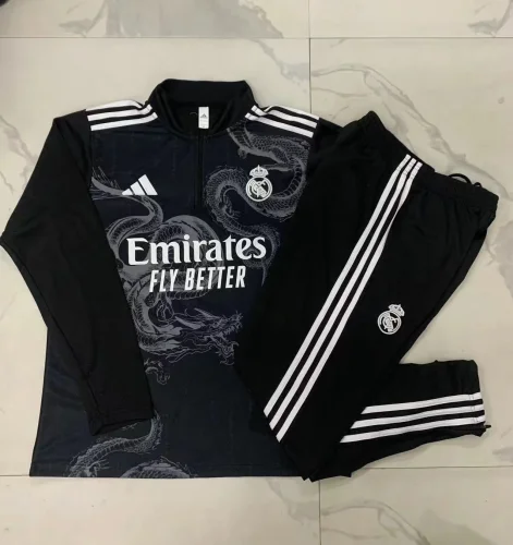 E909# 2024-25 half-zip Real Madrid black inkjet suit (kids) (white three sides on shoulders)