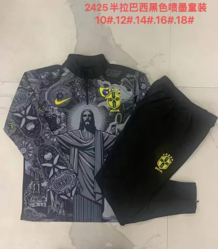 B926# 2024-25 Half Zipper Brazilian Black Inkjet Suit (kids）