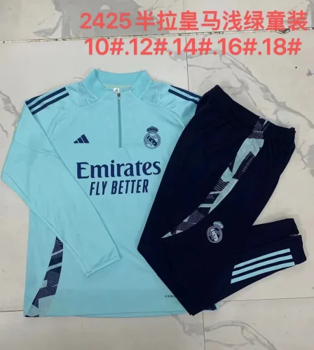E907# 2024-25 Half zipper Real Madrid light green suit (kids)