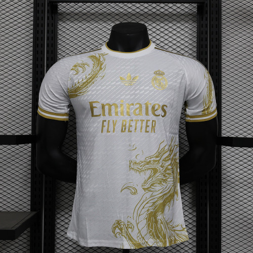 2024-25 Real Madrid   white and gold dragon player version jersey  (The player version is more slim fit, it is recommended to buy one size larger)