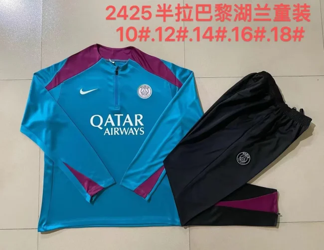 E894# 2024-25 Half zipper Paris Saint-Germain lake blue suit (kids)