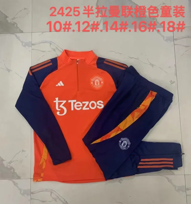E876# 2024-25 Half-Zip Manchester United Orange Suit (Kids)