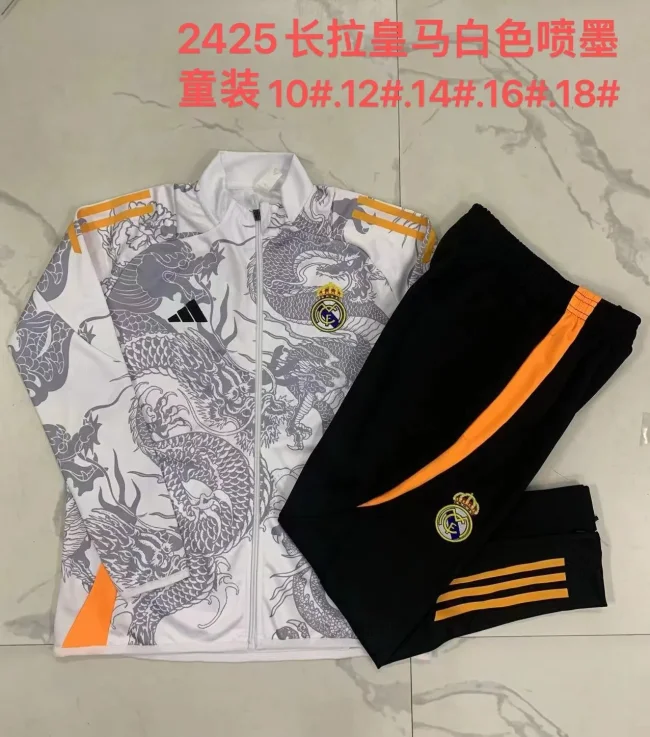 E885# 2024-25 Long Zipper Real Madrid White Suit (kids) (Inkjet Dragon)