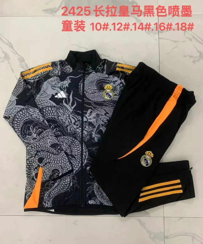 E884# 2024-25 Long Zipper Real Madrid Black Suit (kids) (Inkjet Dragon)