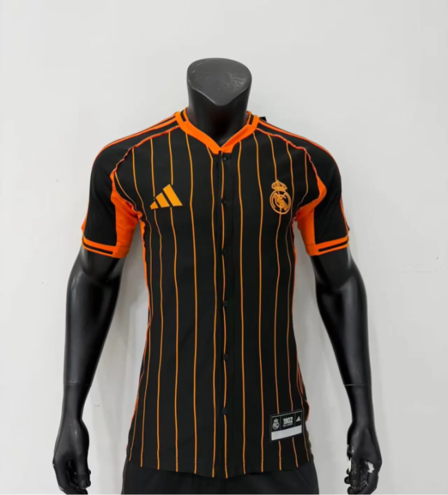 Real Madrid 202526 black orange Player Version Baseball jersey size S-2XL