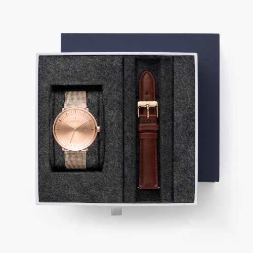 Philosopher - BUNDLE Brushed Metal Dial Rose Gold | Rose Gold Mesh / Brown Leather
