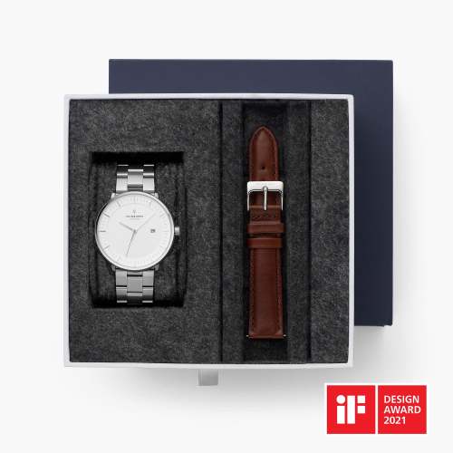 Philosopher - BUNDLE White Dial Silver | Silver 3-Link / Brown Leather Strap