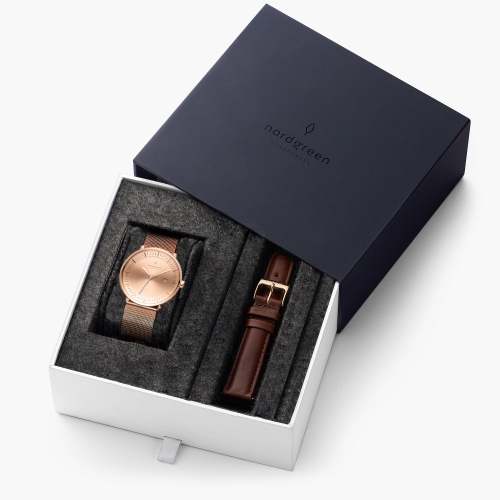 Philosopher - BUNDLE Brushed Metal Dial Rose Gold | Rose Gold Mesh / Brown Leather