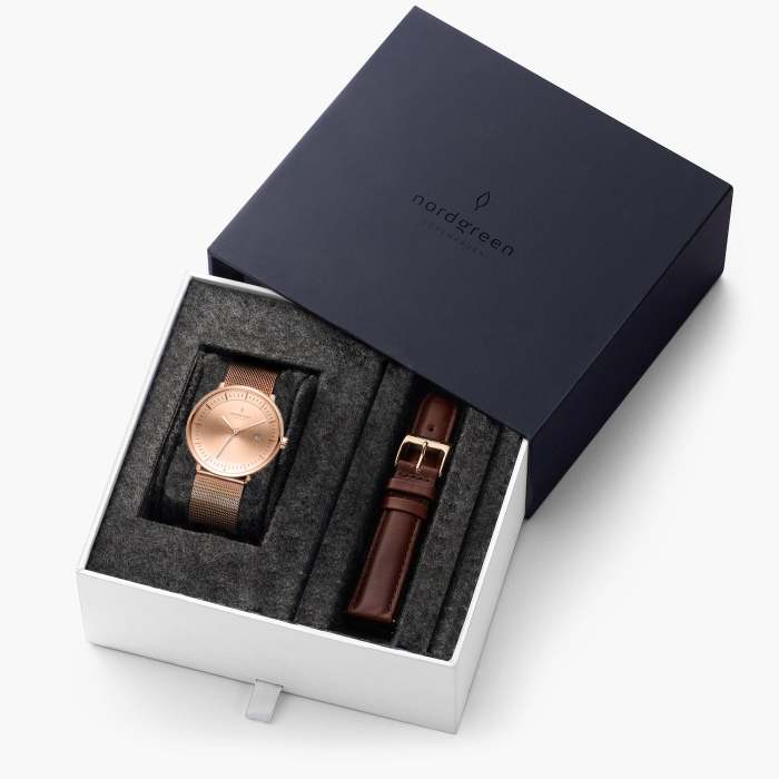 Philosopher - BUNDLE Brushed Metal Dial Rose Gold | Rose Gold Mesh / Brown Leather