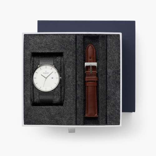 Philosopher BUNDLE White Dial Gun Metal | Mesh / Brown Leather Strap