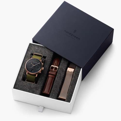 Pioneer - BUNDLE Black Dial Rose Gold | Olive Green NATO / Brown Leather / Rose Gold Mesh Strap