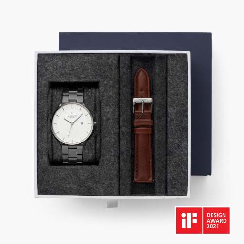 Philosopher - BUNDLE White Dial Gun Metal | Gun Metal 3-Link / Brown Leather Strap