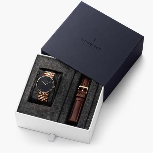 Native - BUNDLE Black Dial Rose Gold | Rose Gold 5-Link / Brown Leather Strap