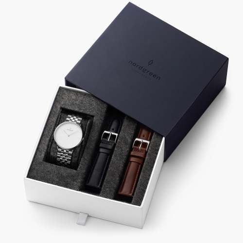 Native - BUNDLE White Dial Silver | Silver 5-Link / Black / Brown Leather Strap