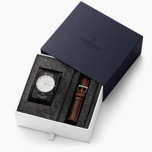 Philosopher - BUNDLE White Dial Gun Metal | Gun Metal 3-Link / Brown Leather Strap