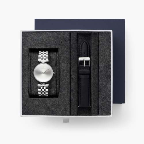 Unika - BUNDLE Brushed Crystal Dial Silver | Silver 5-Link / Black Leather