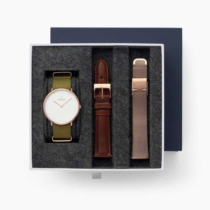 Native - BUNDLE White Dial Rose Gold | Olive Green NATO / Brown Leather / Rose Gold Mesh Strap
