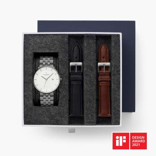 Philosopher - BUNDLE White Dial Gun Metal | Gun Metal 5-Link / Black / Brown Leather Strap