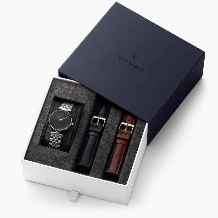Unika - BUNDLE Black Dial Silver | Silver 5-Link / Black / Brown Leather Strap