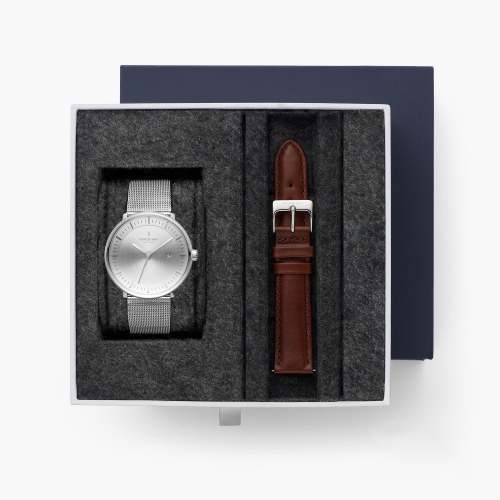 Philosopher - BUNDLE Brushed Metal Dial Silver | Silver Mesh / Brown Leather
