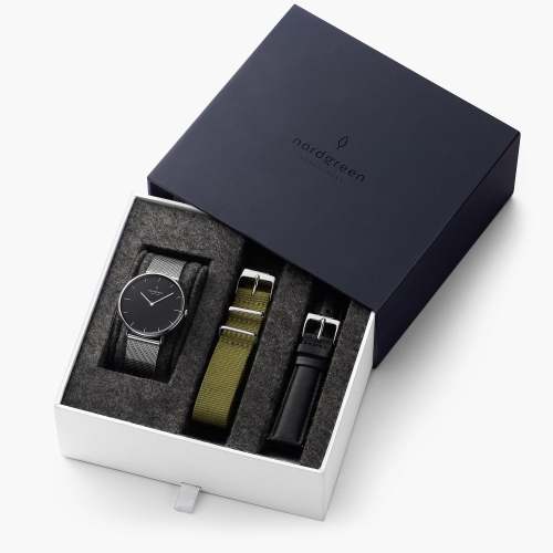 Native - BUNDLE Black Dial Silver | Silver Mesh / Olive Green NATO / Black Leather Strap