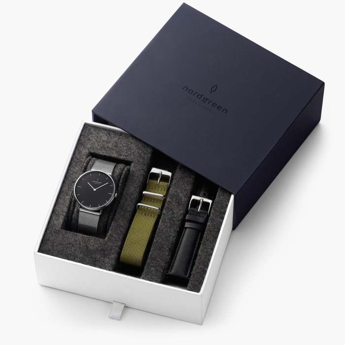 Native - BUNDLE Black Dial Silver | Silver Mesh / Olive Green NATO / Black Leather Strap