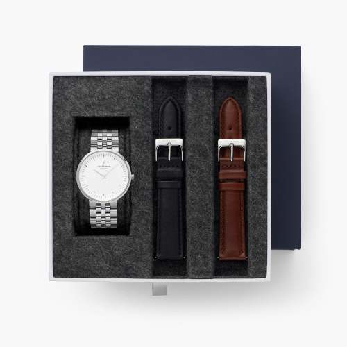 Infinity - BUNDLE White Dial Silver | Silver 5-Link / Black / Brown Leather Strap