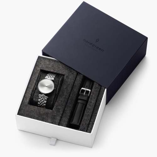 Unika - BUNDLE Brushed Crystal Dial Silver | Silver 5-Link / Black Leather