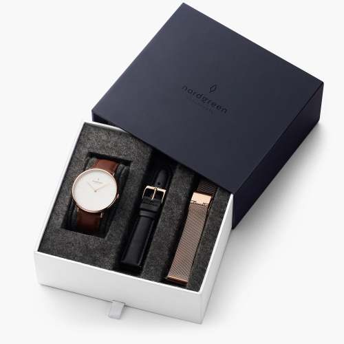 Native - BUNDLE White Dial Rose Gold | Brown Leather / Black Leather / Rose Gold Mesh Strap