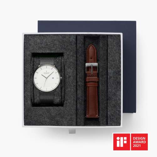 Philosopher BUNDLE White Dial Gun Metal | Mesh / Brown Leather Strap