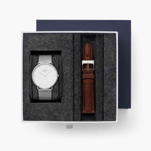 Native - BUNDLE White Dial Silver | Mesh / Brown Leather Strap