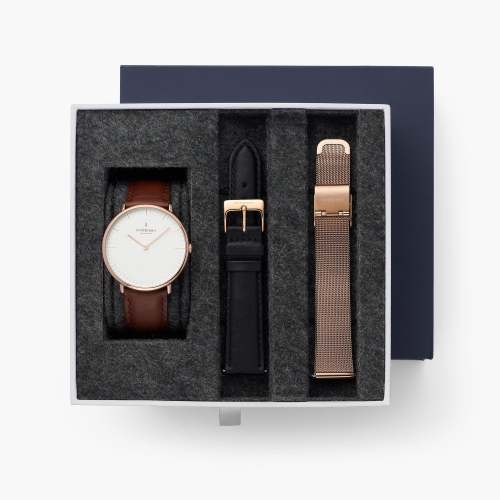 Native - BUNDLE White Dial Rose Gold | Brown Leather / Black Leather / Rose Gold Mesh Strap