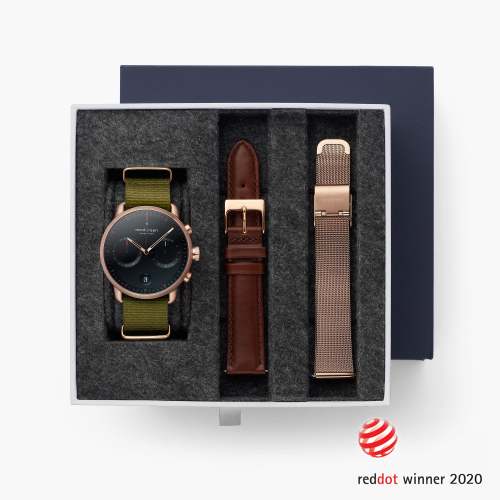 Pioneer - BUNDLE Black Dial Rose Gold | Olive Green NATO / Brown Leather / Rose Gold Mesh Strap