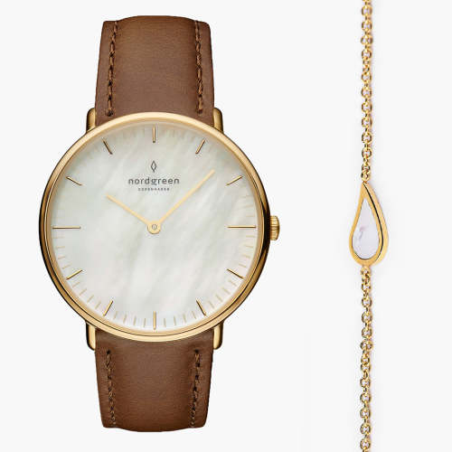 Native & Megara Bracelet SET - Mother of Pearl Dial & Brown Leather Strap
